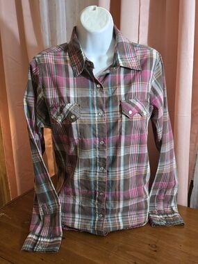 Women's Plaid Button-Up Shirt in Brown, Pink & Blue